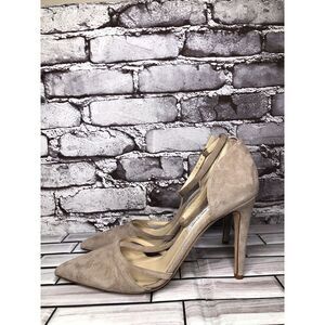 Saks Fifth Ave Taupe Suede Leather Pointed Toe Strap Heels Women Sz 9.5B US/40EU
